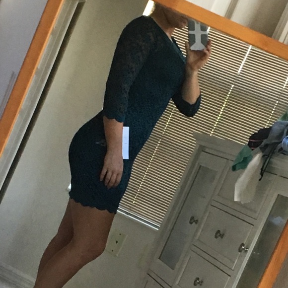 Teal Lace Burnout overlay Sheath Dress - Picture 2 of 6